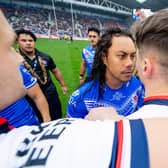 Samoa's Jarome Luai faces up to England's Jack Welsby during the Siva Tau before last weekend's first Test. Picture by Allan McKenzie/SWpix.com.