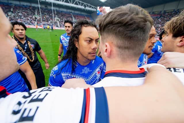 Samoa's Jarome Luai faces up to England's Jack Welsby during the Siva Tau before last weekend's first Test. Picture by Allan McKenzie/SWpix.com.