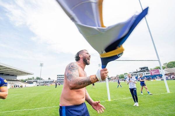 David Fifita celebrates Trinity's win over Leeds. Picture by Allan McKenzie/SWpix.com.