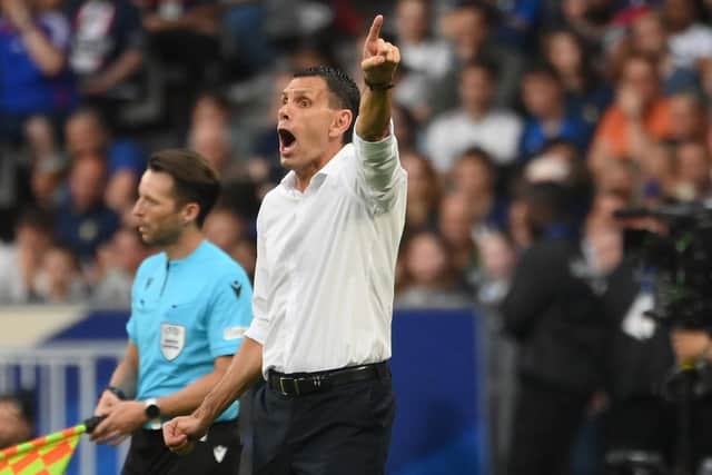 INTEREST: In the Leeds United manager's job from former Whites assistant Gus Poyet, above, before the club looked to Marcelo Bielsa and now Daniel Farke. Poyet is now in charge of the Greece national team, pictured above shouting the instructions in June's Euro 2024 against France at the Stade de France. 
Photo by FRANCK FIFE/AFP via Getty Images.