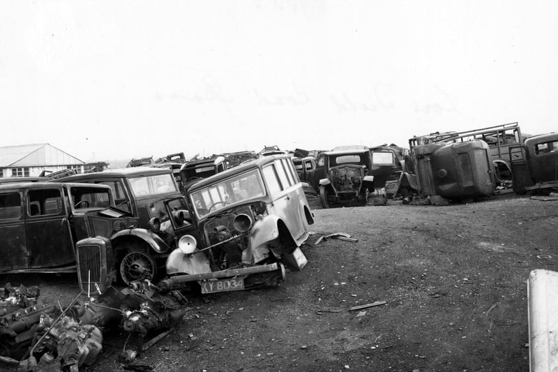 A scrapyard full of cars on Low Field Road Spares on Low Fields Road pictured in April 1956.
