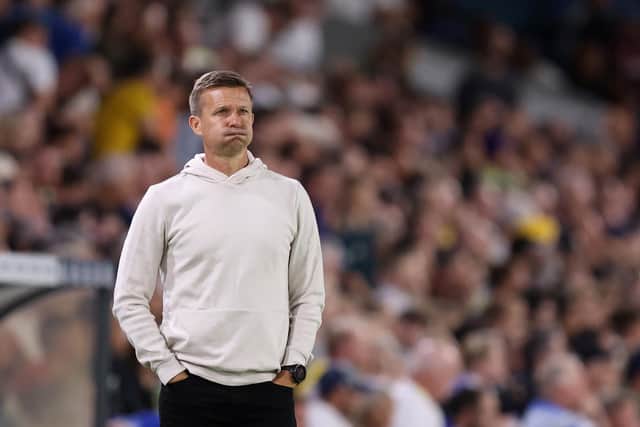LEEDS, ENGLAND - AUGUST 24: Jesse Marsch, Manager of Leeds United reacts during the Carabao Cup Second Round match between Leeds United and Barnsley at Elland Road on August 24, 2022 in Leeds, England. (Photo by George Wood/Getty Images)