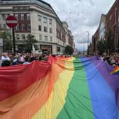 Thousands making their way through Leeds city centre along The Headrow during the Leeds Pride 2023 parade, pictured on The Headrow.