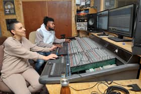 Christella Litras, left, and Ntantu recording his track for the Leeds 2023 opening show The Awakening. Picture: Steve Riding
