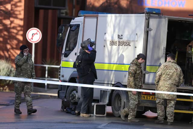 Mohammed Farooq, 29, was arrested at St James’s Hospital in Leeds after a patient talked him out of detonating the device. Pictured is a bomb disposal unit at the hospital during the incident.