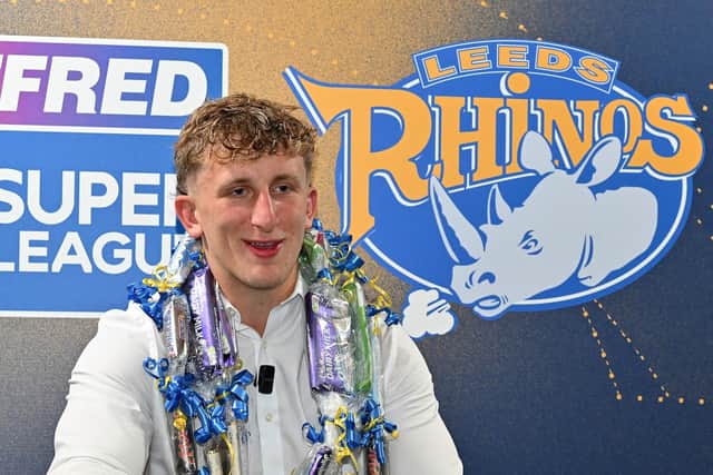 Zak Lloyd speaks to the media after his Leeds Rhinos debut last month. Picture by Matthew Merrick/SWpix.com.