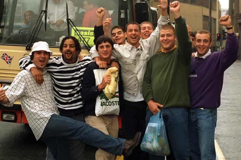 Part of the massive contingent of Oasis fans who left the city centre by coach bound for Knebworth in August 1996.