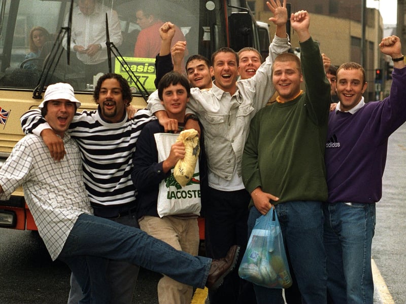 Part of the massive contingent of Oasis fans who left the city centre by coach bound for Knebworth in August 1996.