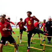 Wales' Ethan Ampadu (R) during a training session at the SToK Racecourse, Wrexham. Picture date: Tuesday October 10, 2023. PA Photo. See PA story SOCCER Wales. (Photo: Nick Potts/PA Wire)