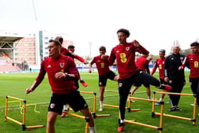 Wales' Ethan Ampadu (R) during a training session at the SToK Racecourse, Wrexham. Picture date: Tuesday October 10, 2023. PA Photo. See PA story SOCCER Wales. (Photo: Nick Potts/PA Wire)