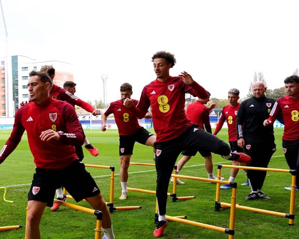 Wales' Ethan Ampadu (R) during a training session at the SToK Racecourse, Wrexham. Picture date: Tuesday October 10, 2023. PA Photo. See PA story SOCCER Wales. (Photo: Nick Potts/PA Wire)