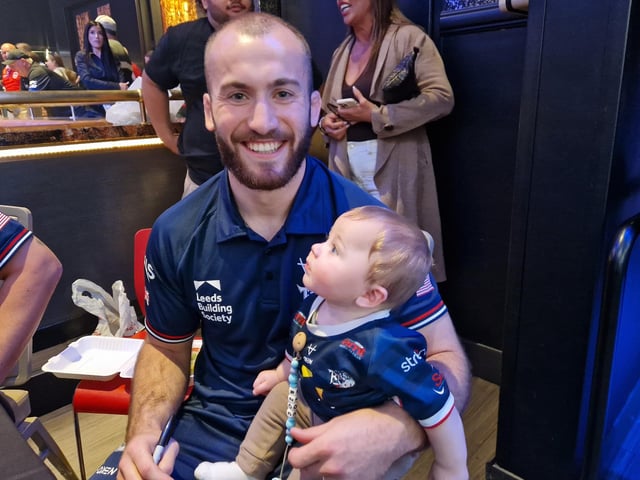 Leeds Rhinos' Jarrod O'Connor with his baby son.