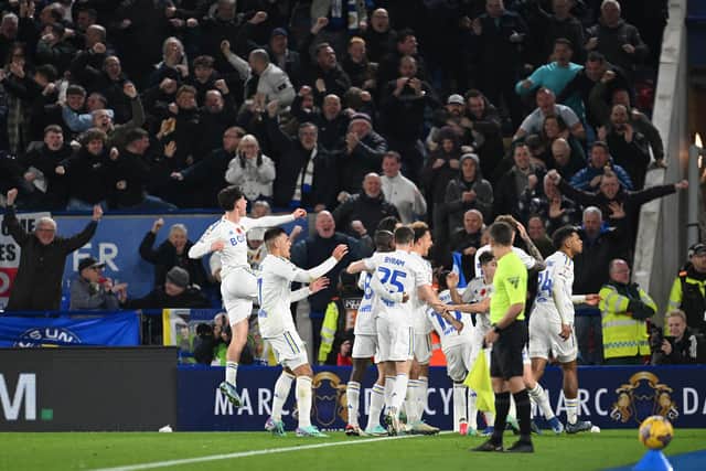 MASTERSTROKE: Putting Georginio Rutter, right, in the no 10 position, from which the Whites have 'not looked back', Rutter and team mates pictured celebrating the winning goal in November's reverse Championship clash against leaders Leicester City at the King Power. Photo by Michael Regan/Getty Images.