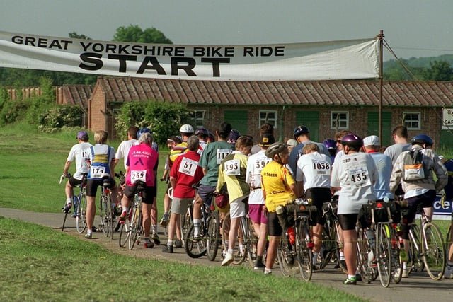 Cyclists line up for the start of the Great Yorkshire Bike Ride from Wetherby Race Course in June 1996.