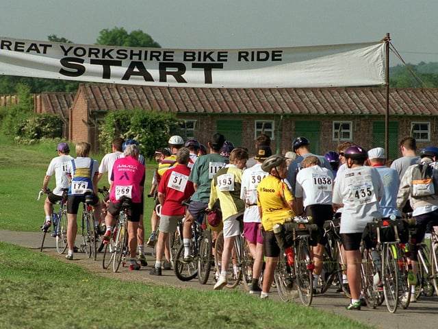 Cyclists line up for the start of the Great Yorkshire Bike Ride from Wetherby Race Course in June 1996.