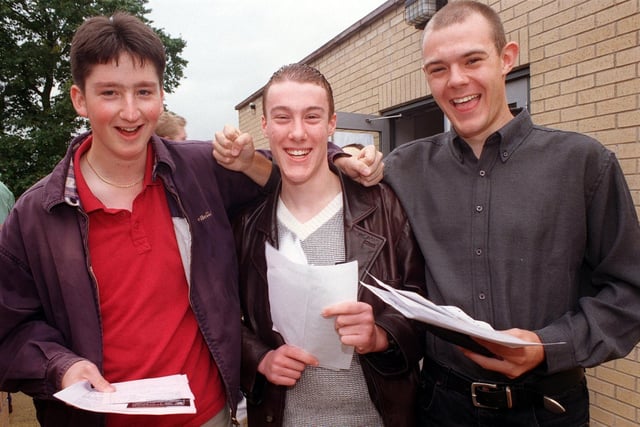 Whitcliffe Mount School students David Bentley, David Mackrill and Robin Gardner are all smiles on results day in August