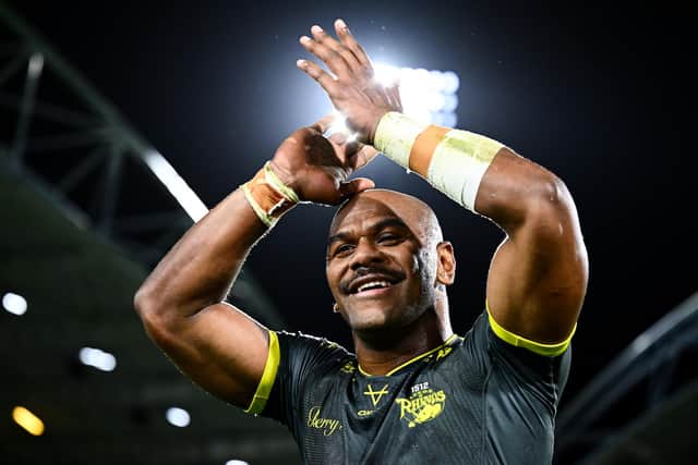 Maika Sivo, who has scored eight tries in three home games this year, celebrates Leeds Rhinos' 56-22 win at Huddersfield Giants which lifted them top of Betfred Super League. Picture by Olly Hassell/SWpix.com.