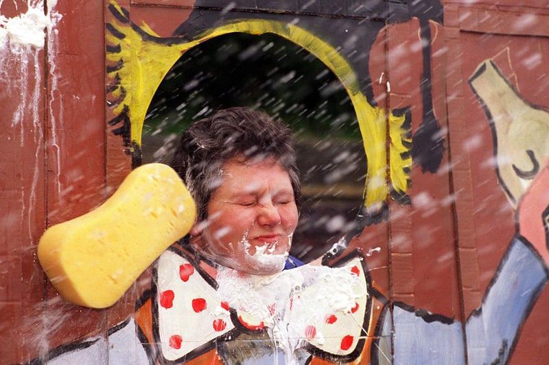 Pupils at Fulneck School in Pudsey had the opportunity too throw wet creamy sponges at the teachers to help raise money for Children in Need in November 1999. Pictured is teacher Sally Edward.