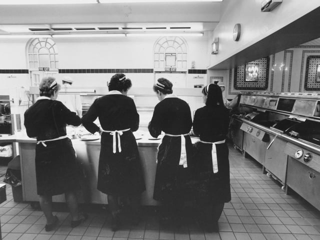 Waitresses wait for fish and chips at Harry Ramsden's in October 1989.