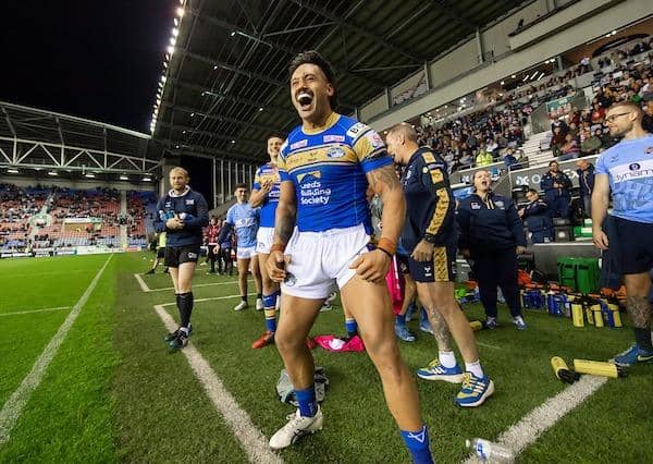 Zane Tetevano celebrates Leeds Rhinos' shock win at Wigan Warriors in a 2022 Super League play-off semi-final. Picture by Allan McKenzie/SWpix.com.