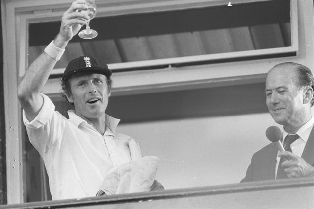 Geoff Boycott celebrates scoring a century of centuries during the Test Match against Australia at Headingley in August 1977.