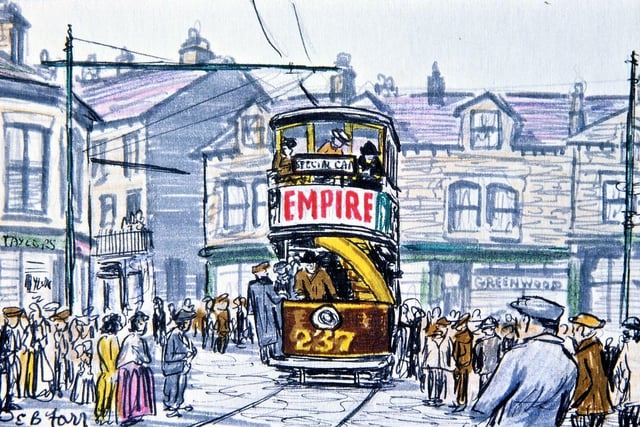 The first Leeds tram on its way back to Leeds on its trial run to test the efficacy of the track on Sunday, July 2, 1911 prior to the official opening on Wednesday, July 5, 1911. For some distance the Transport Manager Mr. J. B. Hamilton drove this test car. Everything was found to be satisfactory by the Board of Trade inspector. Due to the large number of steep hills between the viaduct at Churwell and Tingley Mills only certain models of trams, mostly Dick Kerrs, were allowed to come to Morley and most of these had numbers between 237 and 260 in the first years of running. This felt tip and biro picture by Eric Farr is based on a photograph of the tram in Morley Bottoms.