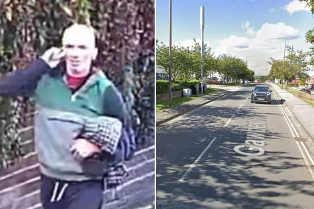 Police are seeking the man pictured following the incident in Gawber Road, Barnsley, right. Picture: South Yorkshire Police/Google.