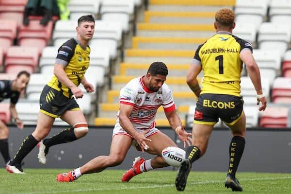 Nene Macdonald scores for Leigh against Halifax. Picture by Paul Currie/SWpix.com.