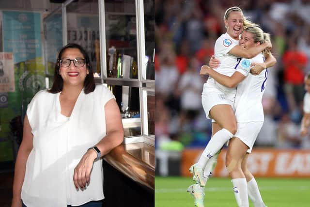 Seema Dhiman, owner of The Brotherhood in Leeds, will be cheering on the Lionesses (Photo right: Naomi Baker/Getty Images)