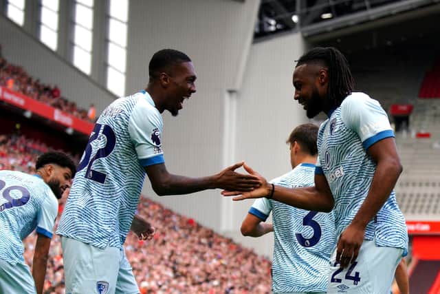 Bournemouth's Antoine Semenyo (right) celebrates scoring their side's first goal of the game with team-mate Jaidon Anthony at Anfield (Pic: Peter Byrne/PA Wire)