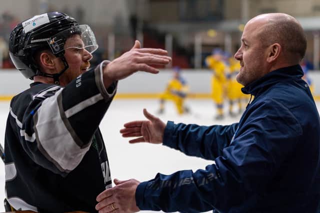 TOP MAN: Leeds Knights' head coach Ryan Aldridge (right) embraces Hull Seahawks' coach Matty Davies following Wednesday night's NIHL National clash between their two teams. Picture courtesy of Oliver Portamento