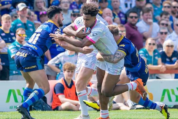 Leon Ruan, pictured in action against Wakefield last month, has been named in Rhinos' initial squad for Friday's game at St Helens. Picture by Allan McKenzie/SWpix.com.