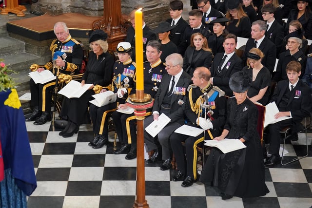 (front row) King Charles III, the Queen Consort, the Princess Royal, Vice Admiral Sir Tim Laurence, the Duke of York, the Earl of Wessex, the Countess of Wessex, (second row) the Duke of Sussex, the Duchess of Sussex, Princess Beatrice, Edoardo Mapelli Mozzi and Lady Louise Windsor and James, Viscount Severn, and (third row) Samuel Chatto, Arthur Chatto, Lady Sarah Chatto, Daniel Chatto and the Duchess of Gloucester
