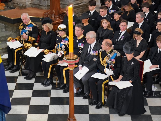 (front row) King Charles III, the Queen Consort, the Princess Royal, Vice Admiral Sir Tim Laurence, the Duke of York, the Earl of Wessex, the Countess of Wessex, (second row) the Duke of Sussex, the Duchess of Sussex, Princess Beatrice, Edoardo Mapelli Mozzi and Lady Louise Windsor and James, Viscount Severn, and (third row) Samuel Chatto, Arthur Chatto, Lady Sarah Chatto, Daniel Chatto and the Duchess of Gloucester