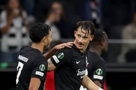 FRANKFURT AM MAIN, GERMANY - SEPTEMBER 21: Robin Koch of Eintracht Frankfurt celebrates with teammates after scoring the team's second goal during the UEFA Europa Conference League match between Eintracht Frankfurt and Aberdeen at Deutsche Bank Park on September 21, 2023 in Frankfurt am Main, Germany. (Photo by Alex Grimm/Getty Images)
