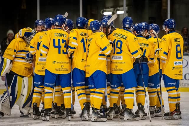 NEW START: Leeds Knights players get together in a huddle on Sunday, when they beat Hull Seahawks 3-2 in overtime in a pre-season challenge game. Picture: Knights Media.