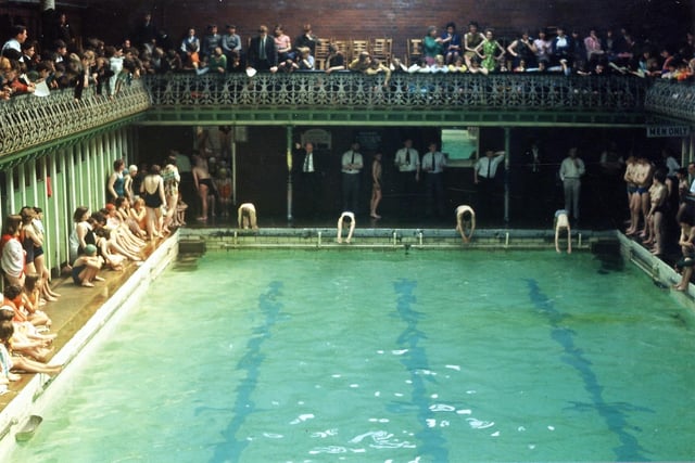 House swimming sports were staged at Morley Swimming Baths in June 1965. Pictured is the second class in the shallow end.