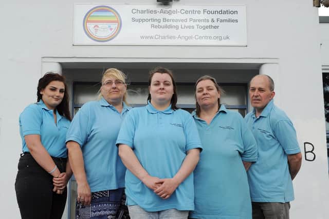 Carrie-Ann Curtis, centre, with Chloe Hill, Ruth Curtis, Sam Key and Clive Key at the Charlies-Angel-Centre Foundation back in 2019. Picture: Tony Johnson