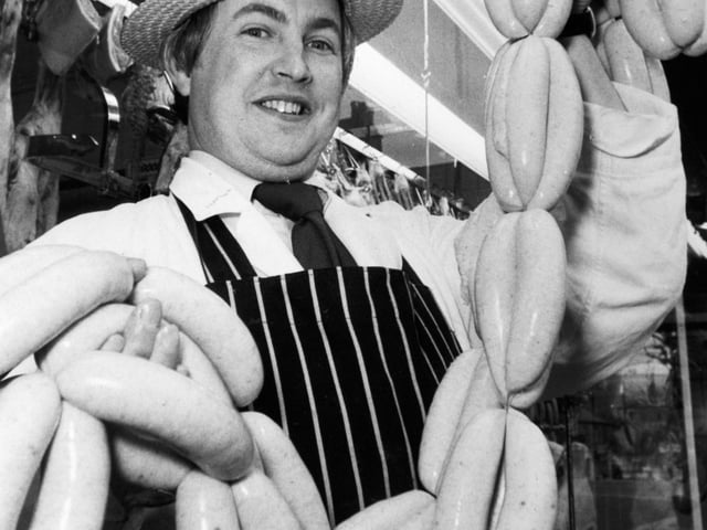 A firm of family butchers established a link with Royalty tomorrow by delivering a very special batch of sausages to Buckingham Palace in November 1978. Claytons, of Brook Street in Ilkley - recently voted Yorkshire's champion saugage makers - received a royal invitation from the Queen's private secretary inviting them to send a batch of their prize pork sausages to the palace for Her Majesty to sample. They were to be delivered to the Palace kitchens personally by the owner Francis Copley and his wife Valerie. Mr Copley is pictured with the Royal links.