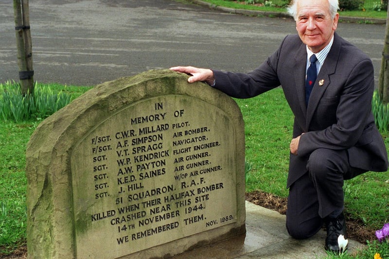 Walter Townend at a memorial in Tingley put up in honour of seven airmen who died in Halifax bomber crash at the site 52 years ago. Pictured in March 1997.