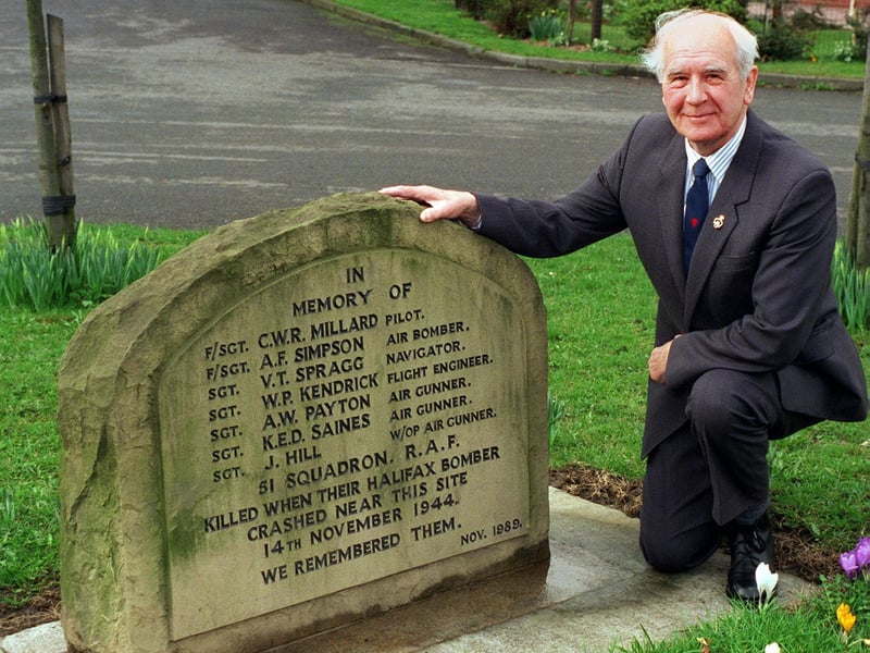Walter Townend at a memorial in Tingley put up in honour of seven airmen who died in Halifax bomber crash at the site 52 years ago. Pictured in March 1997.