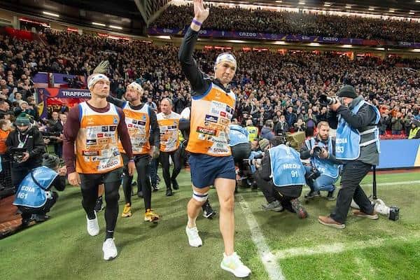 Kevin Sinfield enters Old Trafford at half-time of last mon th's men's World Cup final, after running seven ultra-marathons in seven days.Picture by Allan McKenzie/SWpix.com.