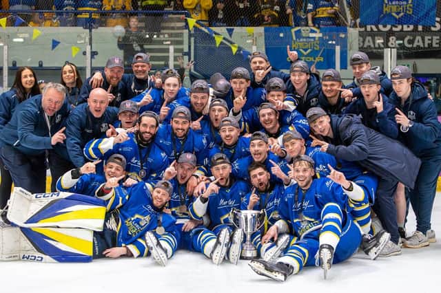 PARTY TIME: Leeds Knights, players, coaches and staff celebrate their remarkable NIHL National play-off final win Picture: MIles Tidman/Knights Media