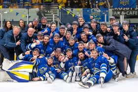 PARTY TIME: Leeds Knights, players, coaches and staff celebrate their remarkable NIHL National play-off final win Picture: MIles Tidman/Knights Media