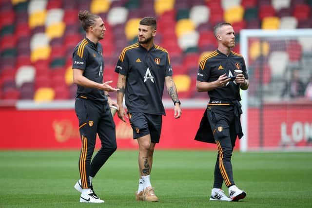 WELCOME RETURN: For Leeds United defender Luke Ayling, left, in Saturday's Premier League clash at Brentford. Photo by Steve Bardens/Getty Images.