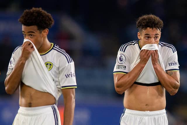 Illan Meslier, Tyler Adams, Rodrigo and Diego Llorente at full time.
Leicester City v Leeds United.  Premier League.  King Power Stadium.
20 September 2022.  Picture Bruce Rollinson