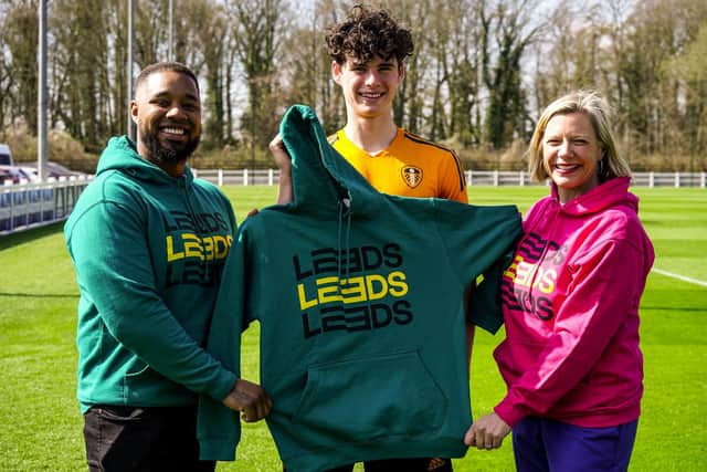 (from left) LEEDS 2023 trustee and former Leeds United player Sanchez Payne, Leeds United midfielder Archie Gray and Abigail Scott Paul, Director of External Relations and Strategic Partnerships at LEEDS 2023. Photo: Simon Dewhurst
