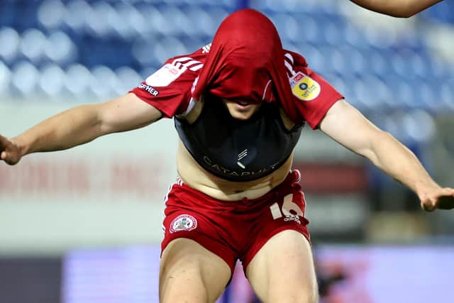 GOAL THREAT - Leeds United fan Harvey Rodgers has scored five times for Accrington Stanley this season and produced this trademark celebration on each occasion. Pic: Getty