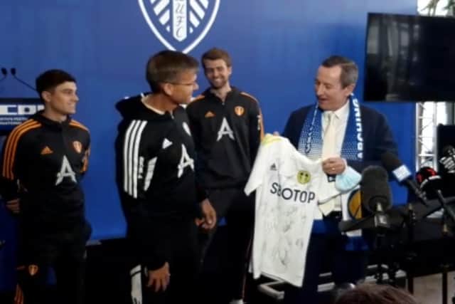 WARM WELCOME - Leeds United boss Jesse Marsch, alongside Patrick Bamford and Daniel James, presented a signed shirt to Premier of Western Australia Mark McGown at the launch of Perth's Festival of International Football in Fremantle.