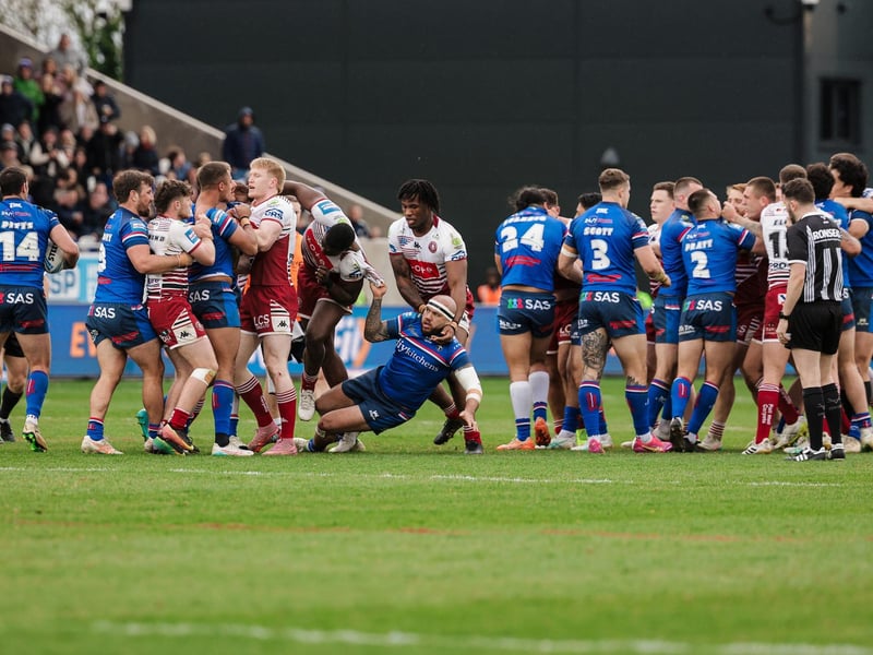 Players from both sides clash during Wakefield Trinity's Betfred Challenge Cup defeat by Wigan Warriors. Picture by Alex Whitehead/SWpix.com.
